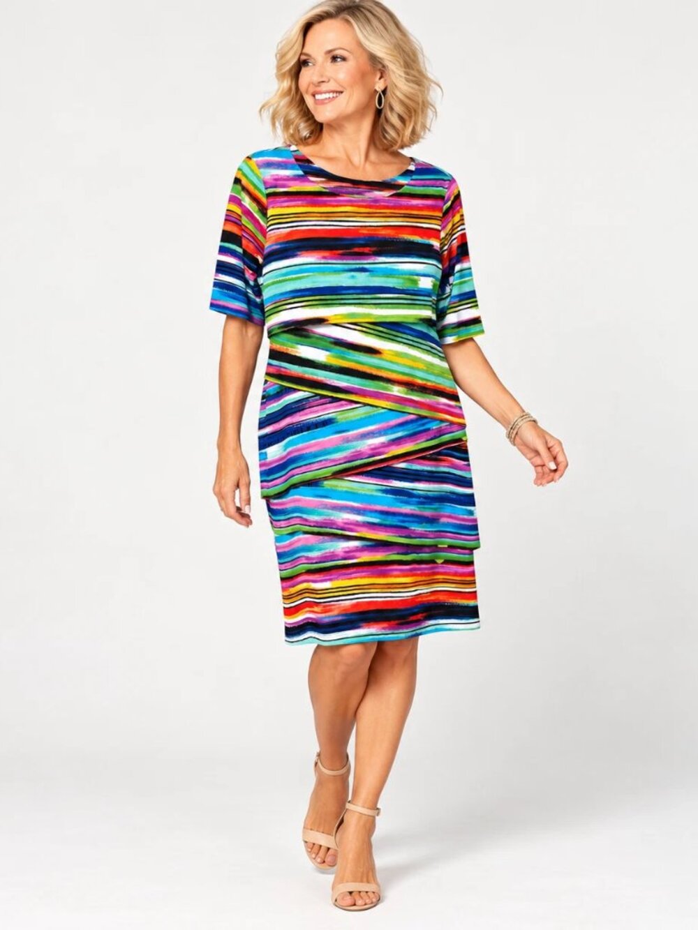 Connected Apparel Dress 10 Multicolor Abstract Striped Tiered Dopamine Midi